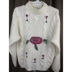 Vintage Shenanigans Hand Knit Floral Sweater Cream Chunky 80s‎ 90s M